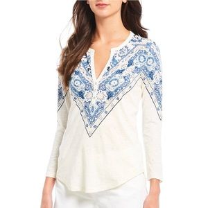 Lucky Brand Shirt Women’s  S/P Bandana Floral Print Cotton Henley Blue White